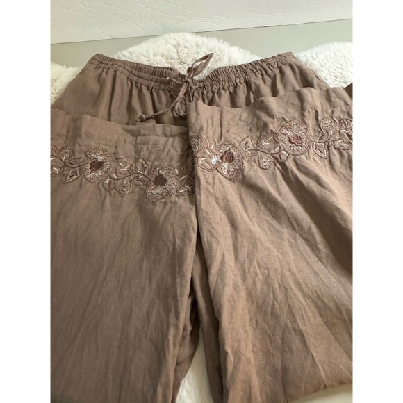 Coldwater Creek Brown Linen Pull On Pants Wide Leg Embroidered Lagenlook Size L - Picture 8 of 9